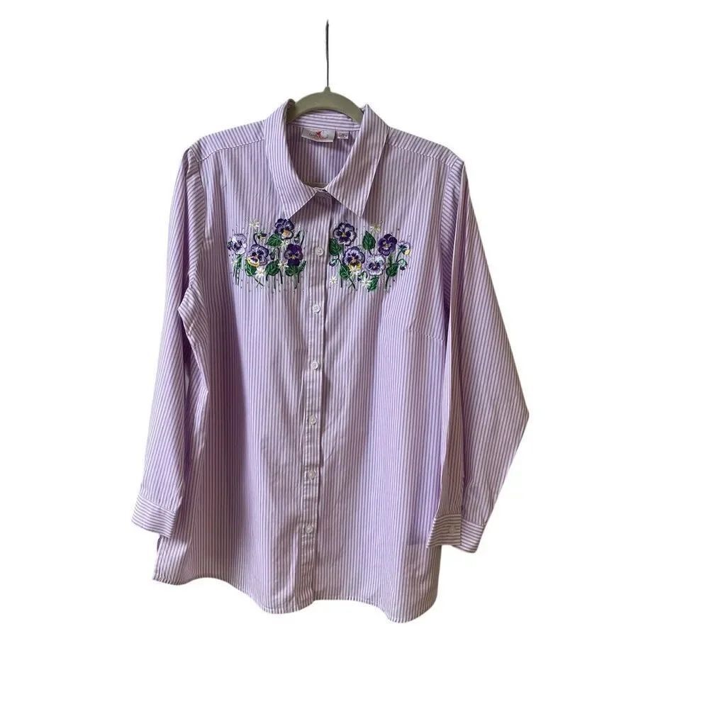 Quacker Factory purple & white stripe blouse with Pansies sz XL